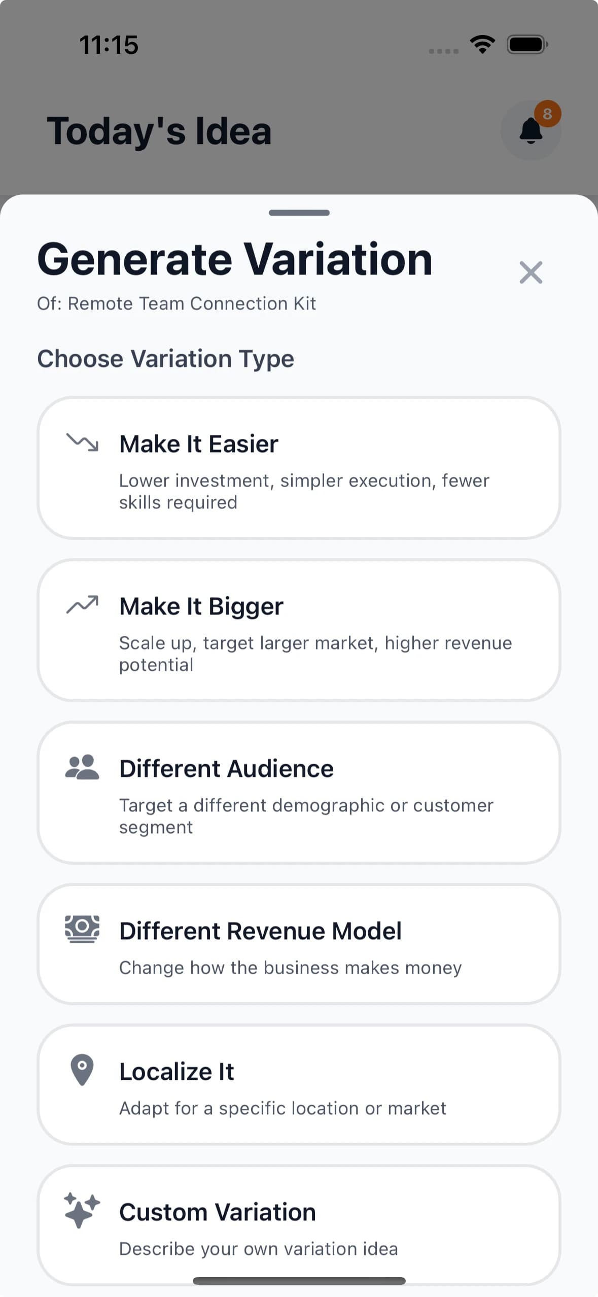 Daily Business Idea - Generate Variation Screen